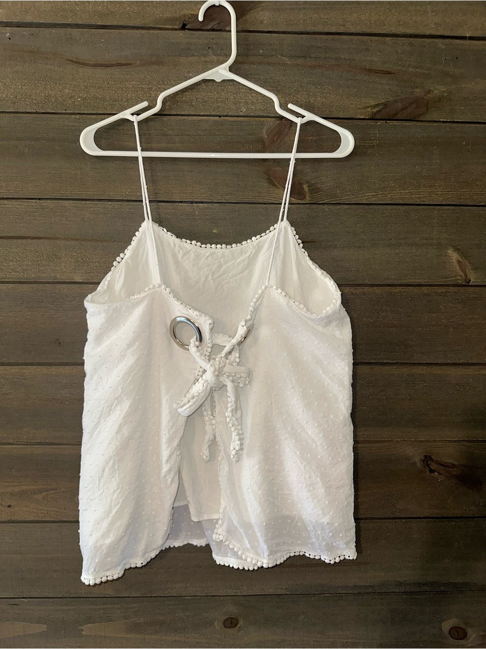 Mazik White Swiss Dot Pom-Trim Spaghetti Strap Cami